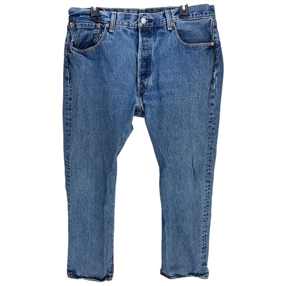 Levis 501 Straight Jeans 38x32 (38x30) Blue Cotton Denim Button Fly DISTRESS HEM - Picture 1 of 10